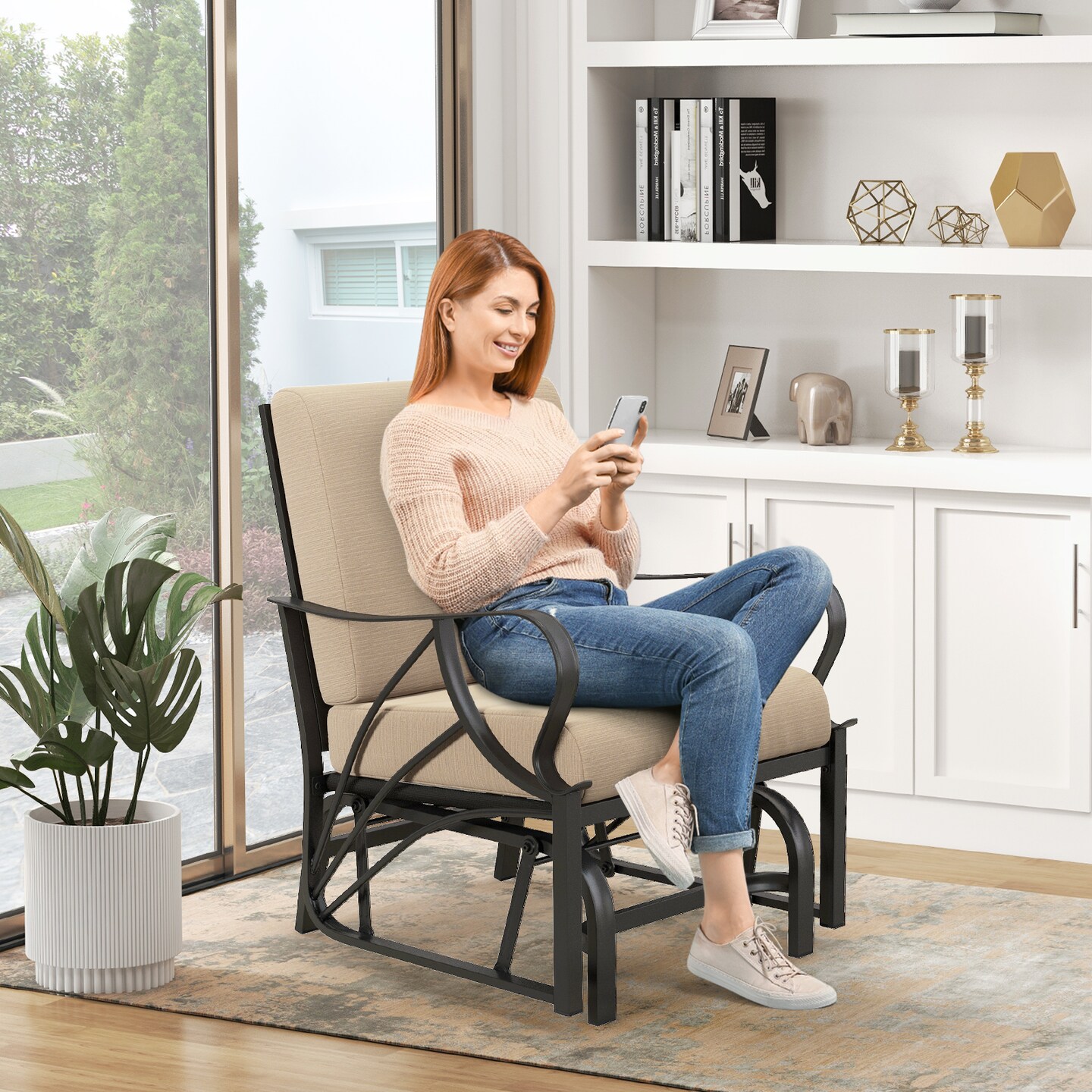 Tan Fabric Patio Glider Chair Outdoor Rocking Bench with High Back and Armrest