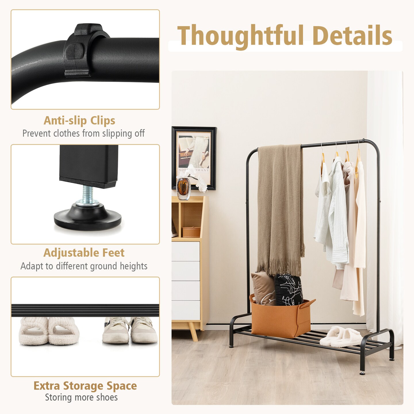 Black Metal Heavy Duty Clothes Stand Rack with Top Rod and Lower Storage Shelf