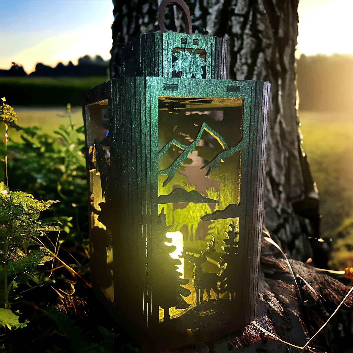 Nature's Radiance: Outdoor-themed Wooden Lantern with Wildlife and