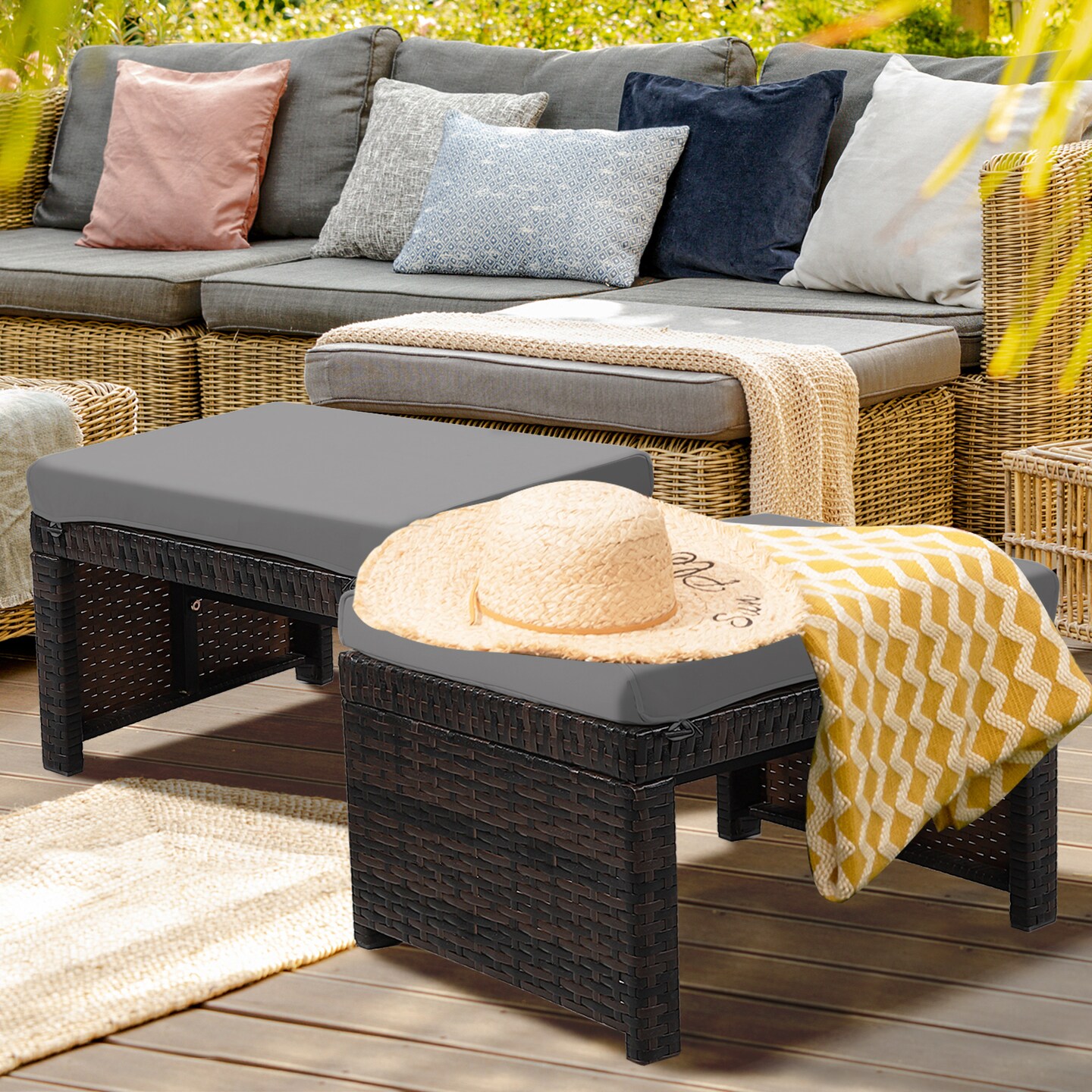 2 Pieces Patio Rattan Ottomans With Soft Cushion For Patio and Garden
