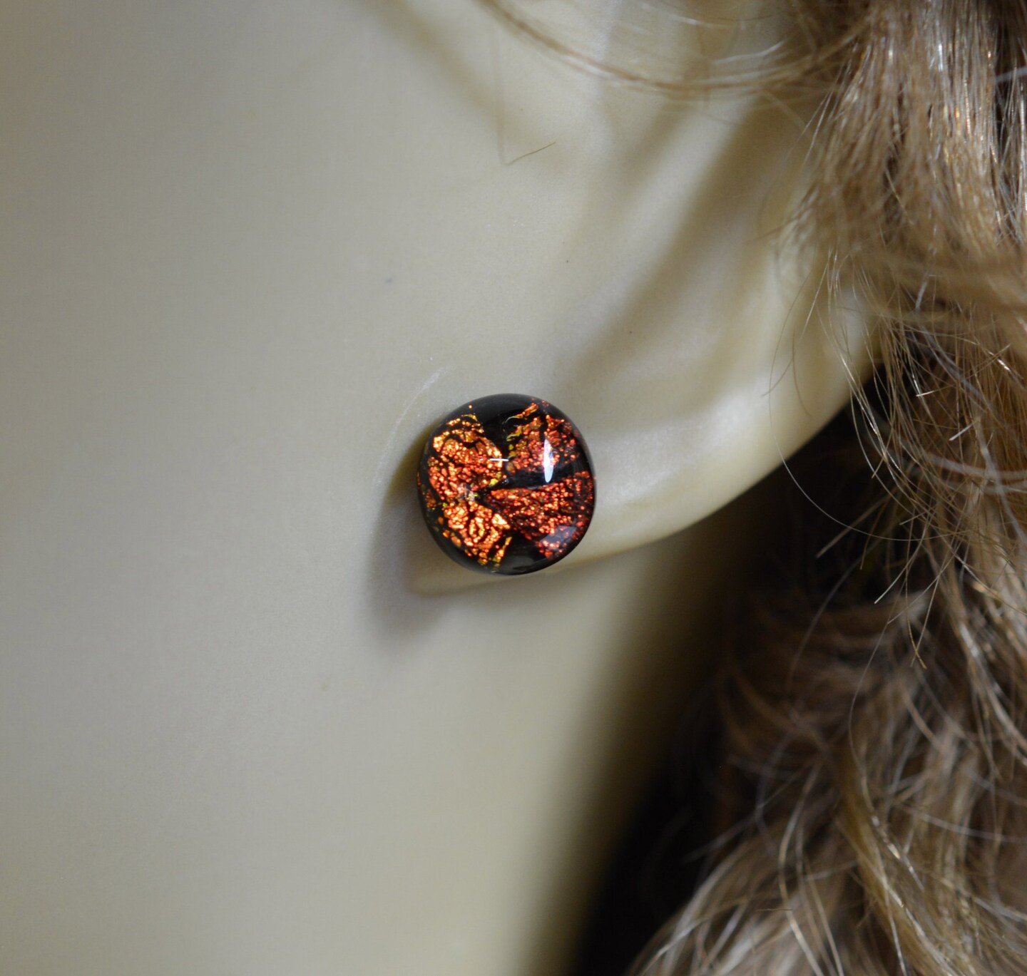 red, orange, black dichroic glass studs, 10mm Square fused glass