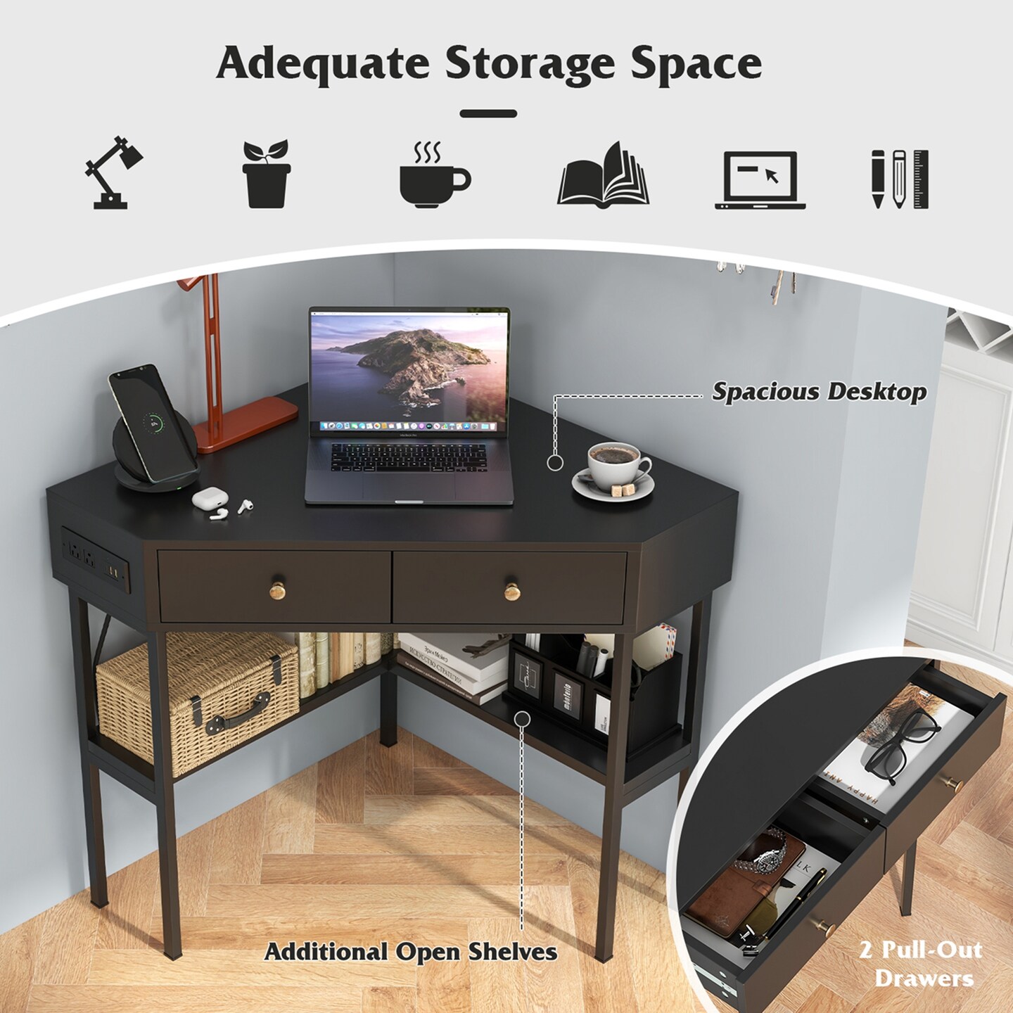 Costway Corner Computer Desk Writing Workstation Study Desk w/ 2 Drawers White\Black\Gold