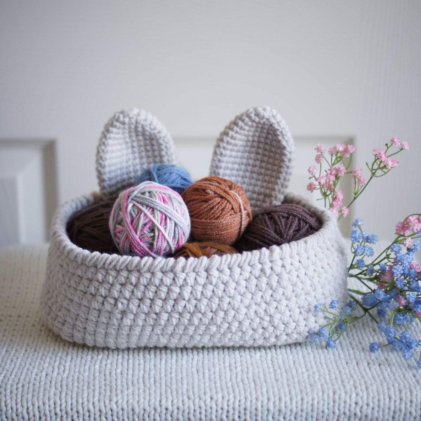 Crocheted Basket with Detachable Bunny Ears in Beige