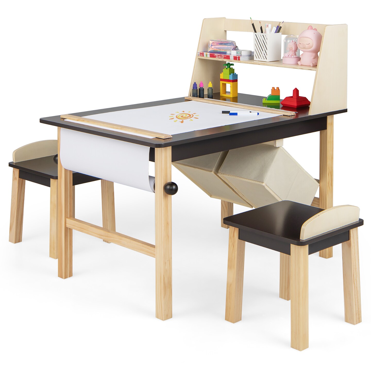 Costway Kids Art Table &#x26; Chairs Set Wooden Drawing Desk with Paper Roll Storage Shelf Bins