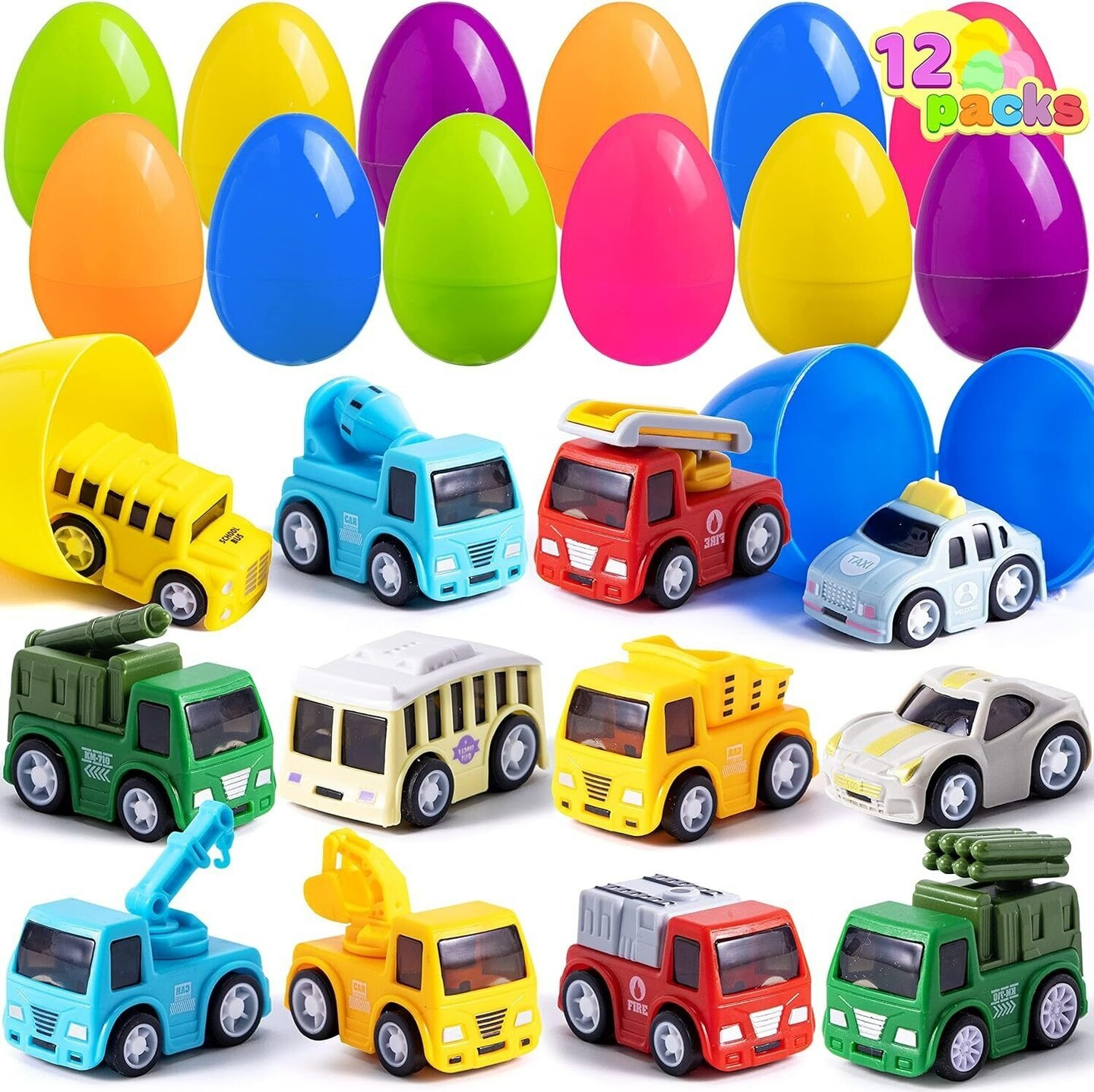12 Packs Pre-Filled Easter Eggs with Cars for Boys Easter Egg with Pull Back Car