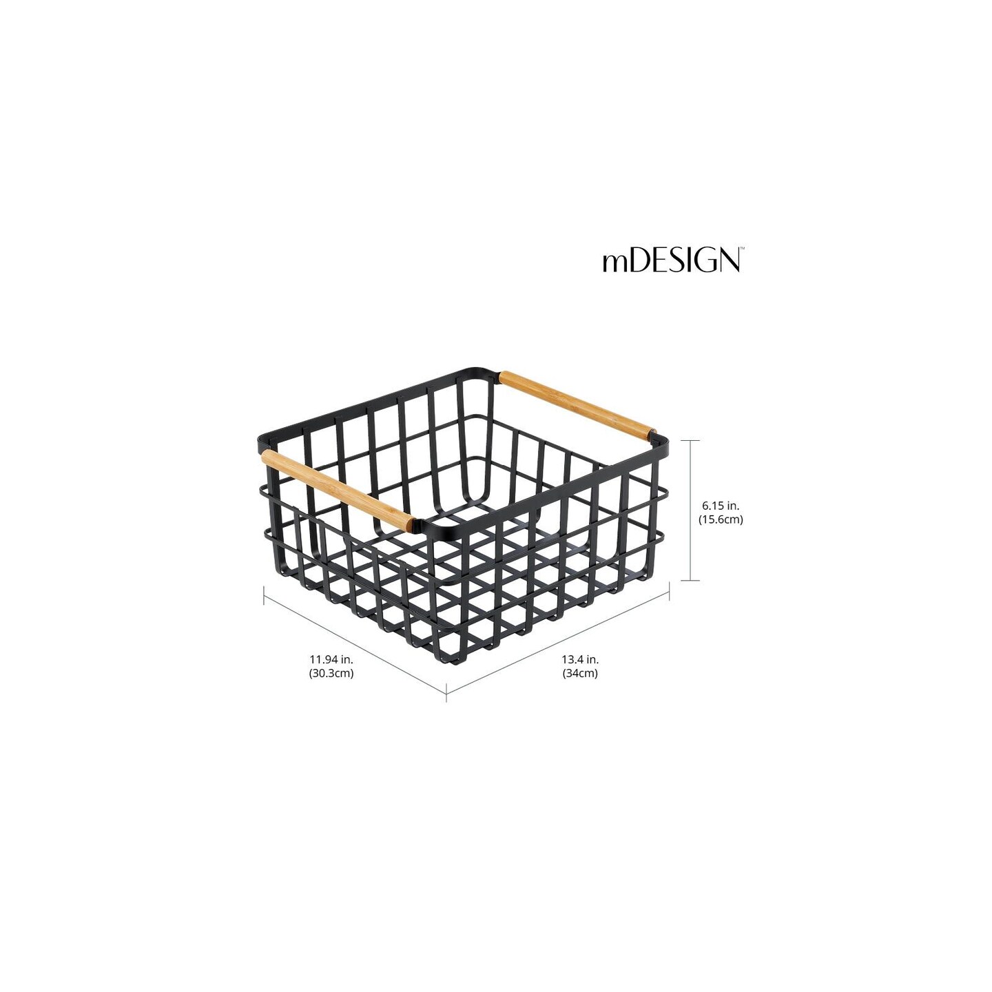 mDesign Metal Wire Organizer Basket, Bamboo Handles