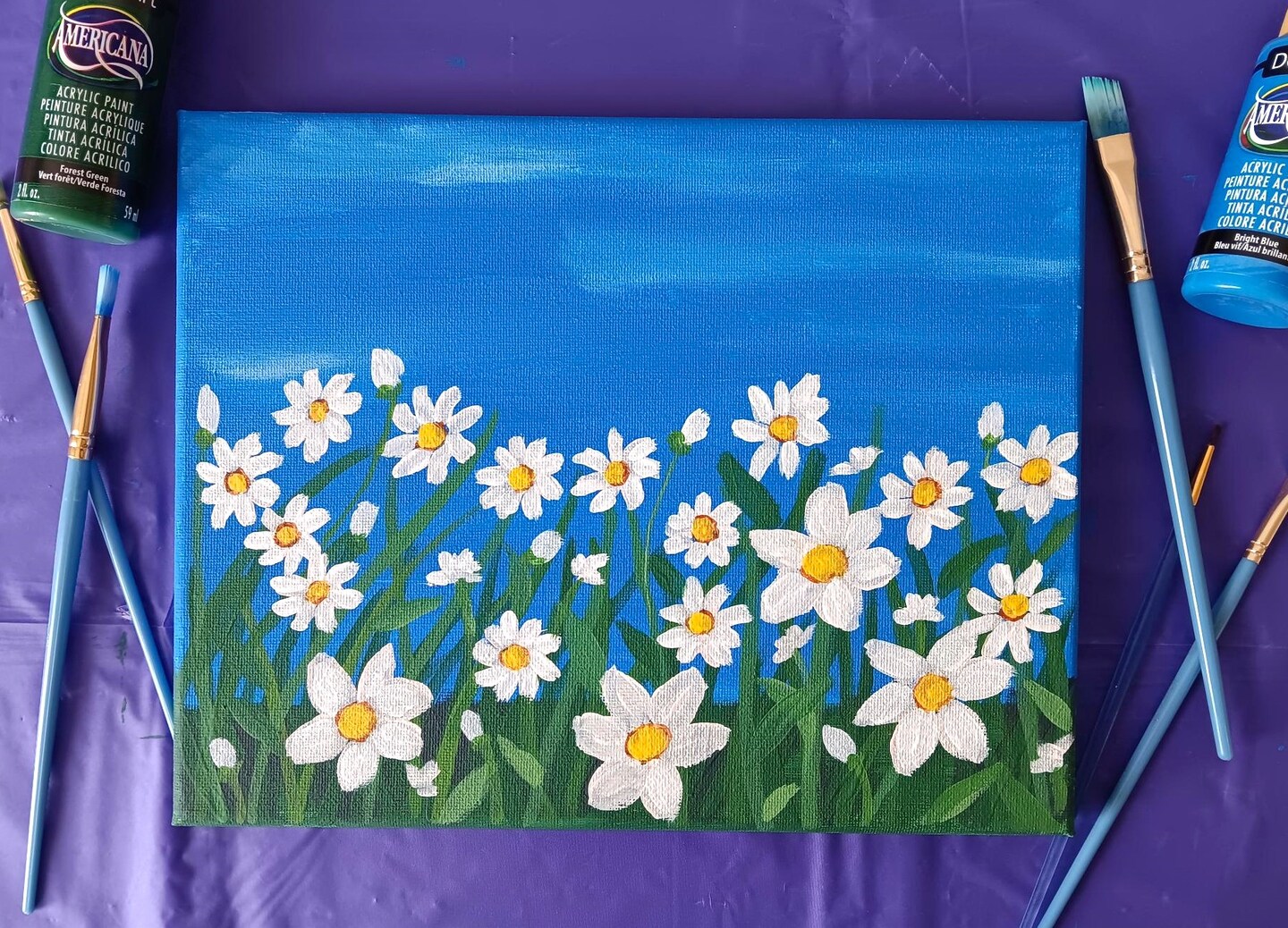 Beginner Acrylic Painting- Field of Daisies