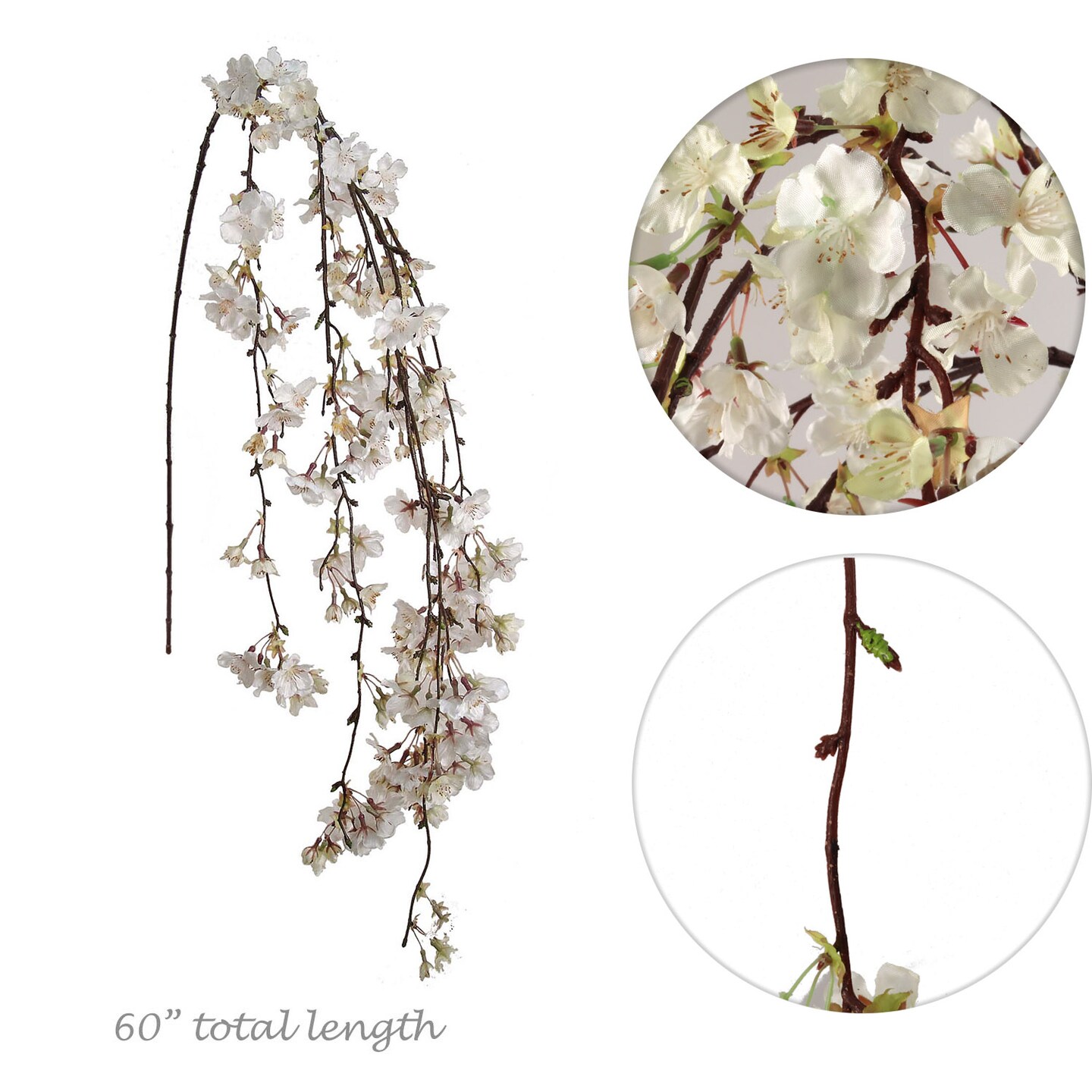 Set of 3 White Silk Hanging Cherry Blossom Branches - 60" Elegant Artificial Floral Décor for Weddings, Events & Home Interiors - Lifelike Silk Blooms, Floral Home by Artificial Flowers
