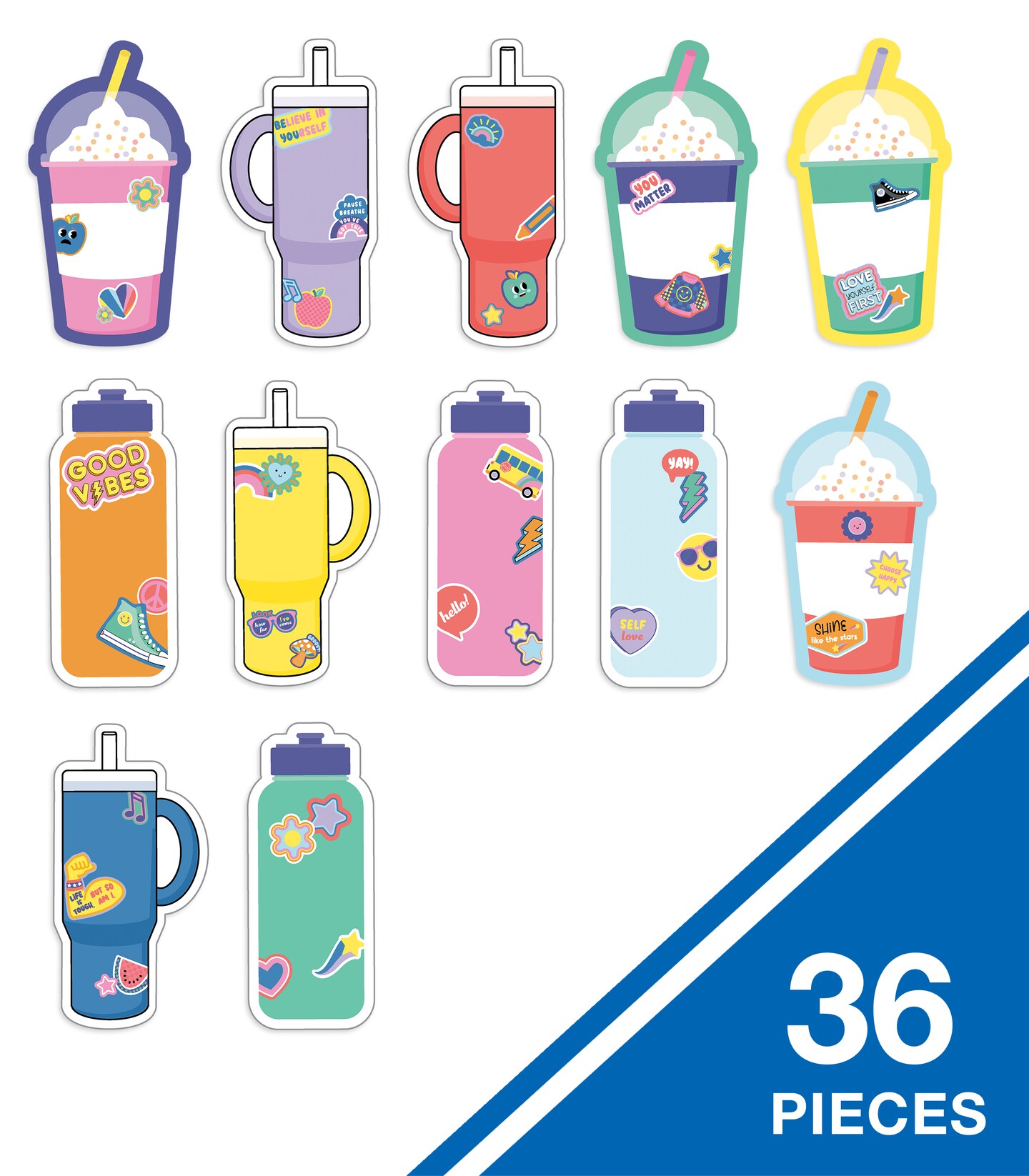 Carson Dellosa We Stick Together 36-Piece Cups and Water Bottle Cutouts, Colorful Drinks and Hydroflask Cut Outs for Name Tags, Bulletin Board, and Classroom Decor