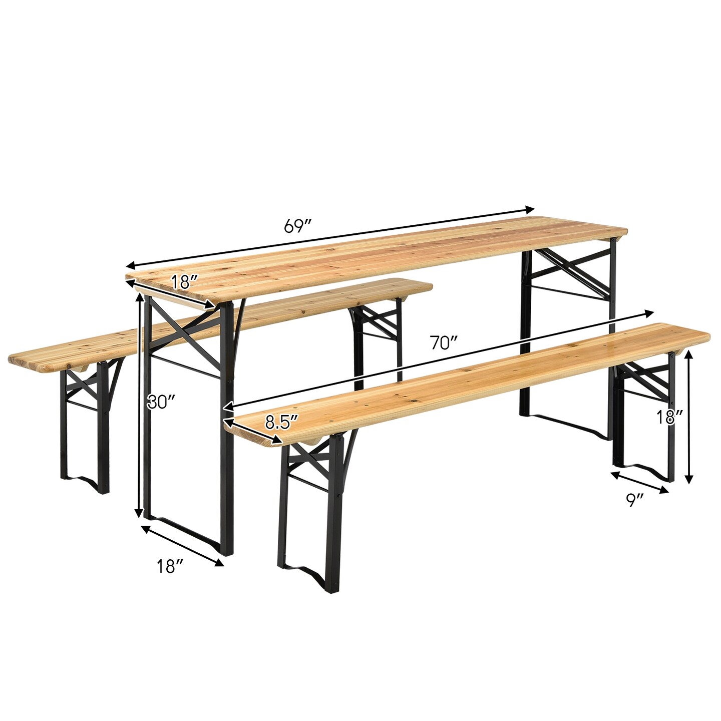 Natural Wood Beer Table Set 3-Pcs Folding Picnic Table 2 Benches Iron Frame