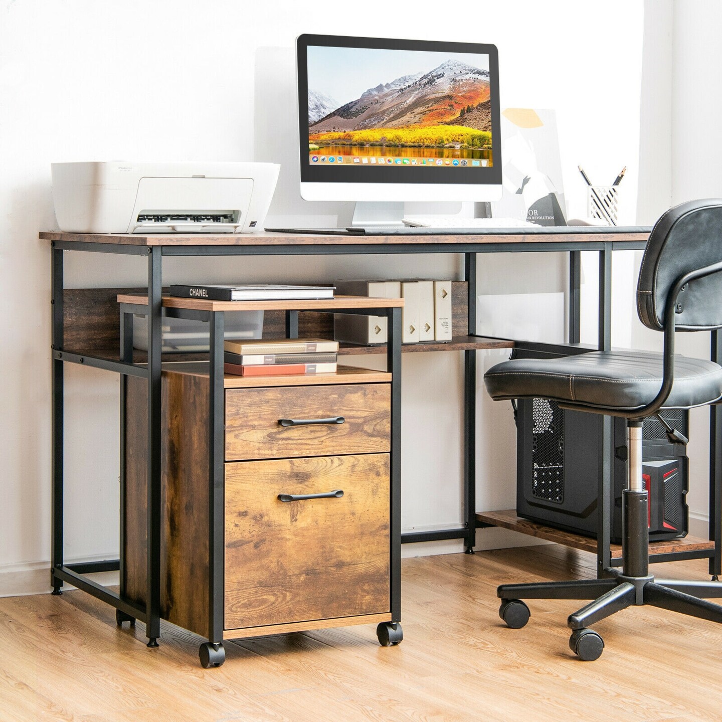 Mobile 2-Drawer File Cabinet and Printer Stand with Open Storage