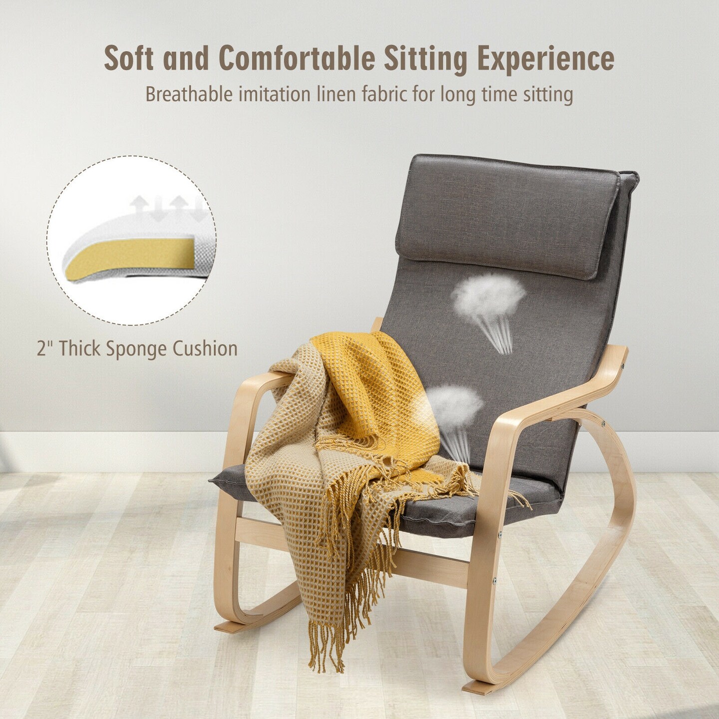 Modern Bentwood Rocking Chair Fabric Upholstered Relax Rocker Lounge Chair