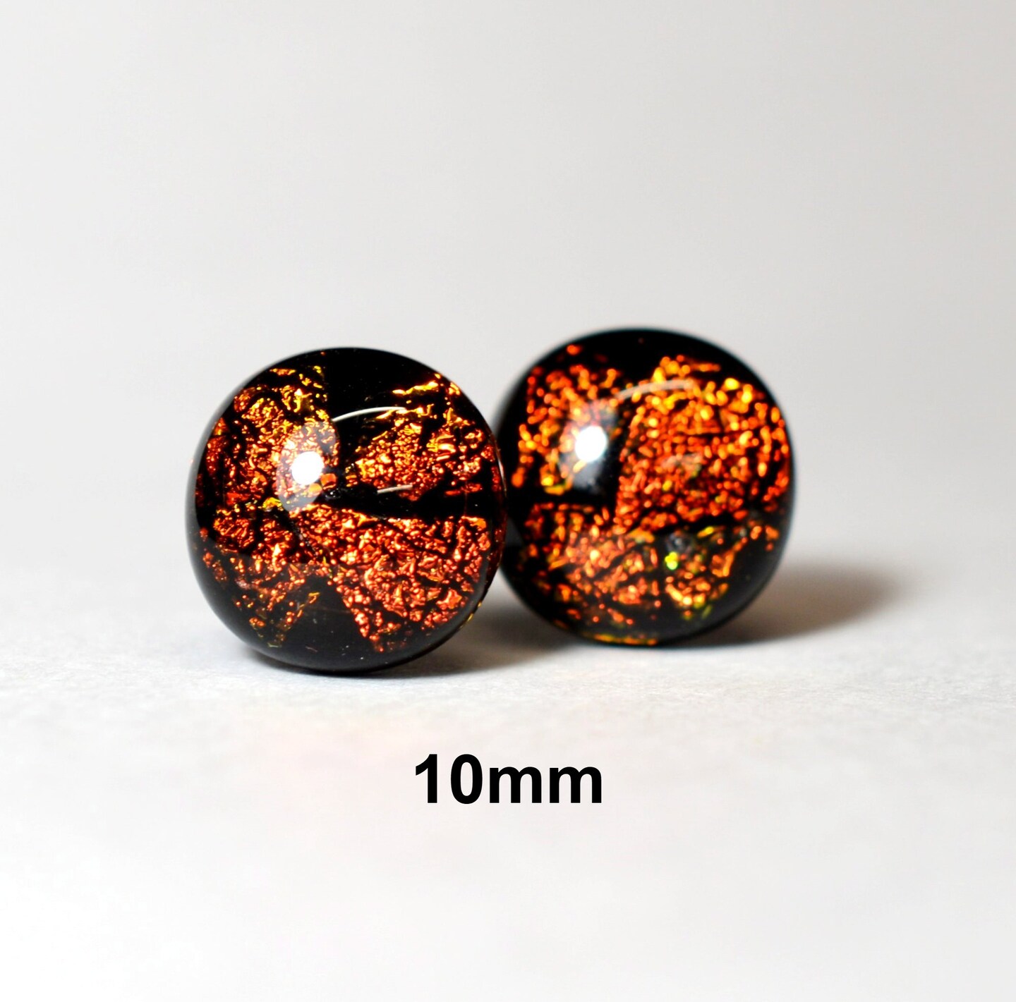 red, orange, black dichroic glass studs, 10mm Square fused glass