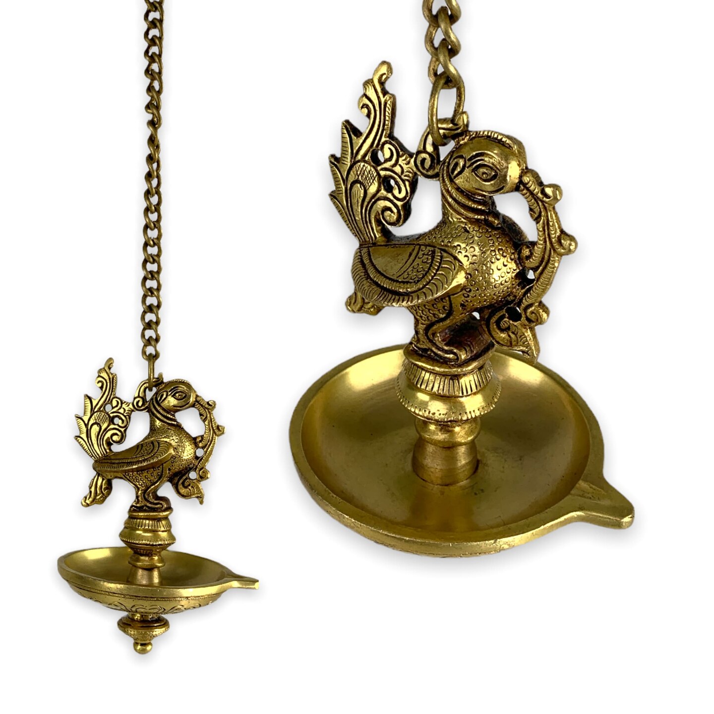 Brass Finish Peacock Wall Hanging Diya with Chain Annam Hanging Idol ...