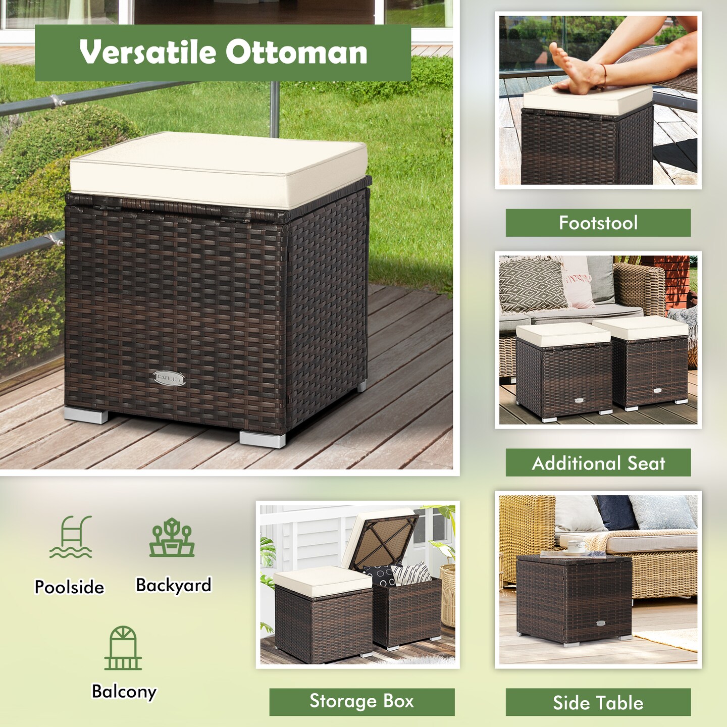2 Pieces Patio Storage Ottoman with Removable and Washable Cushions