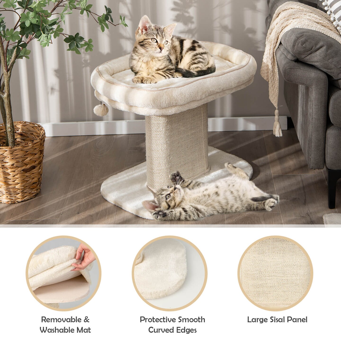 Modern Cat Tree Tower with Large Plush Perch and Sisal Scratching Plate