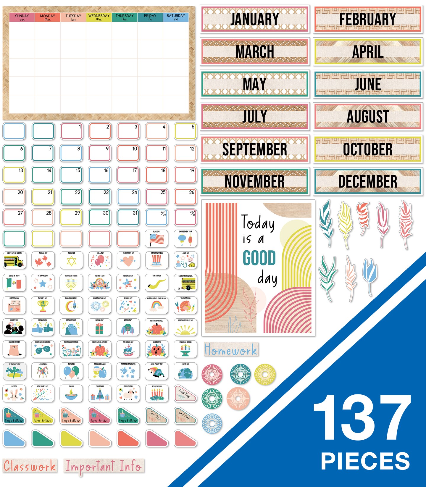 Carson Dellosa True to You Modern Calendar 137 pc Set, Classroom and Monthly Headers, Holidays, Birthdays, Number Cover Ups, Mandalas, and More Boho Decor for Bulletin Board and Wall Decor