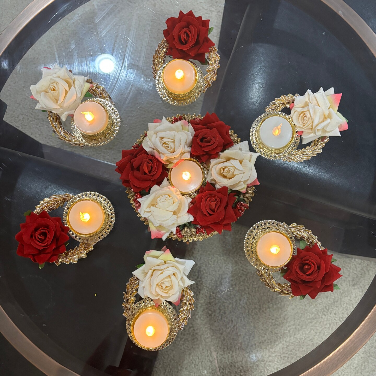 Rose Tea Light Candle Holder Diwali Decoration Rangoli Candle Holder Onam Pongal Rangoli Floor Decor Centerpiece Tealight Festive Decor Indian Return Housewarming Deepavali Gifts (set of 7)