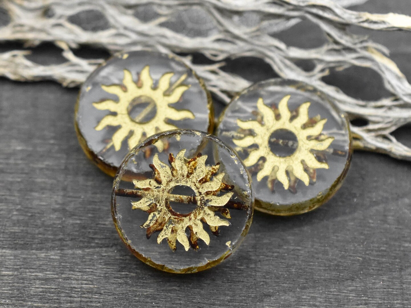 21mm Gold Washed Crystal Picasso Table Cut Sun Design Coin Beads - 2 Beads