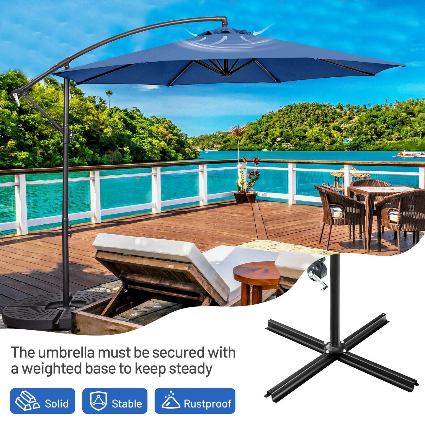 10 Feet Offset Umbrella with 8 Ribs Cantilever and Cross Base Tilt Adjustment