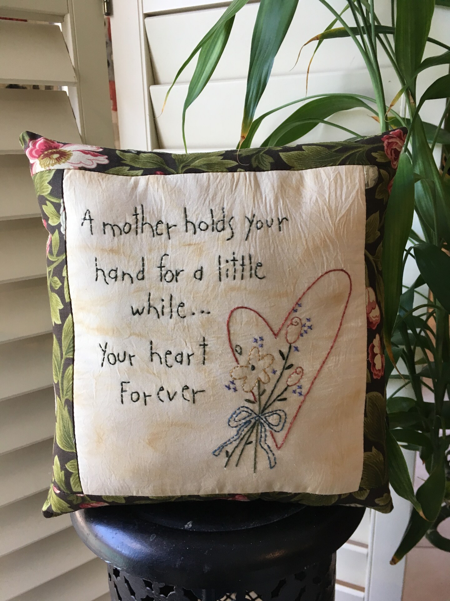 Hand-embroidered Inspirational Mother's Pillow - Floral Accent Pillow ...