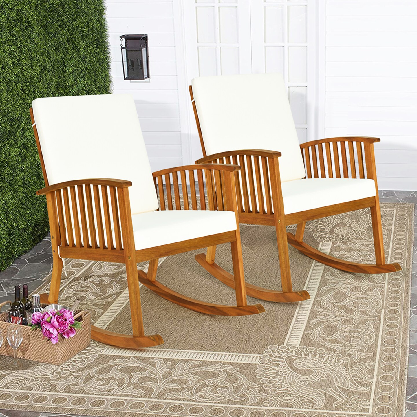 Costway 2PCS Acacia Wood Rocking Chair Garden Lawn W/ Cushion
