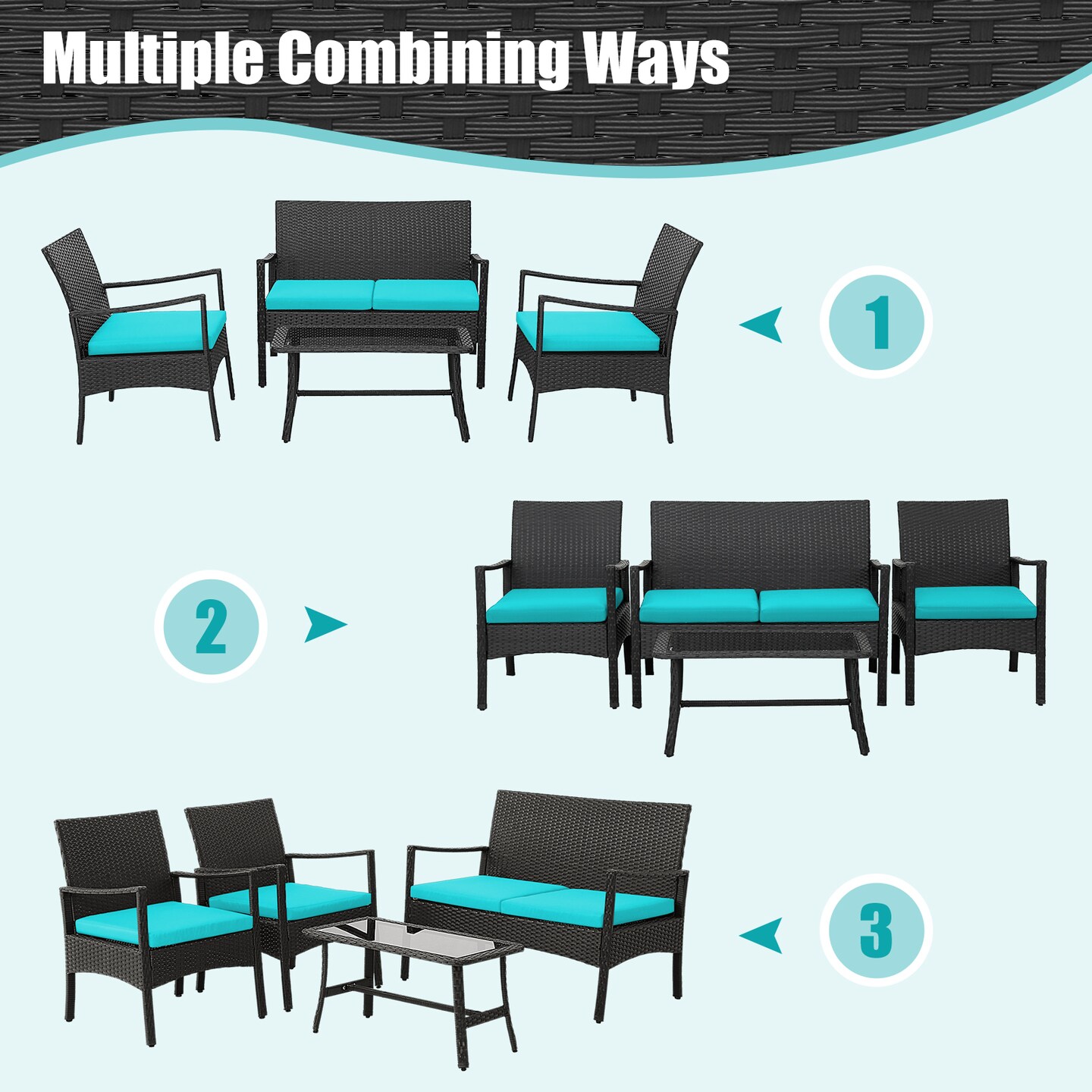 Costway 8PCS Patio Wicker Furniture Set Cushioned Chairs& Loveseat with Coffee Table Garden