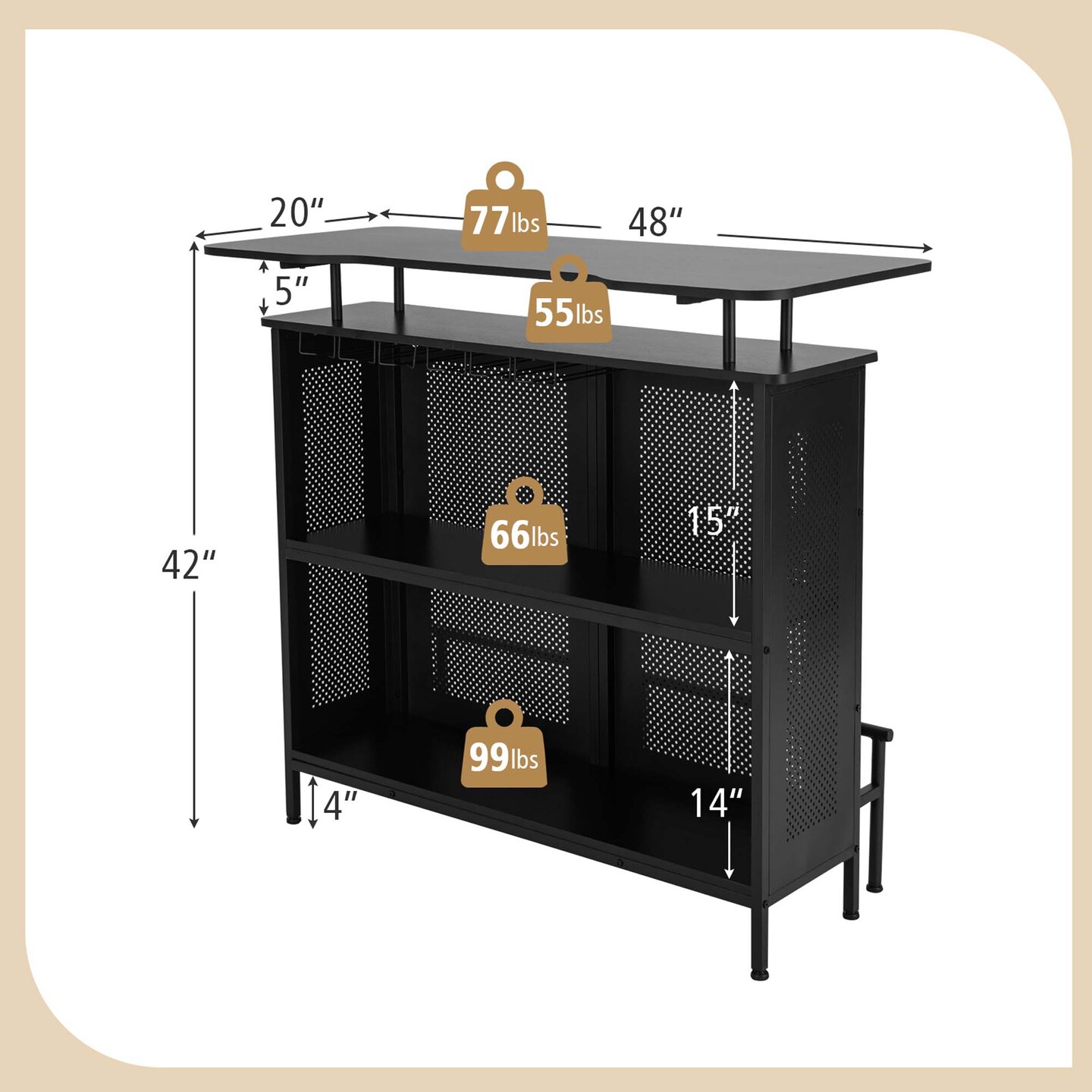 Costway 4-Tier Metal Home Bar Unit Liquor Bar Table with Storage Shelves &#x26; 6 Glass Holders
