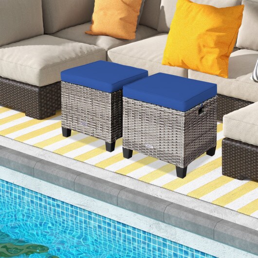 2 Pieces Patio Rattan Wicker Ottoman Seat with Removable Cushions