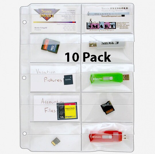 10-Pocket Clear Vinyl Binder Pages - Memory (SD) Cards and Business Cards - with Flaps