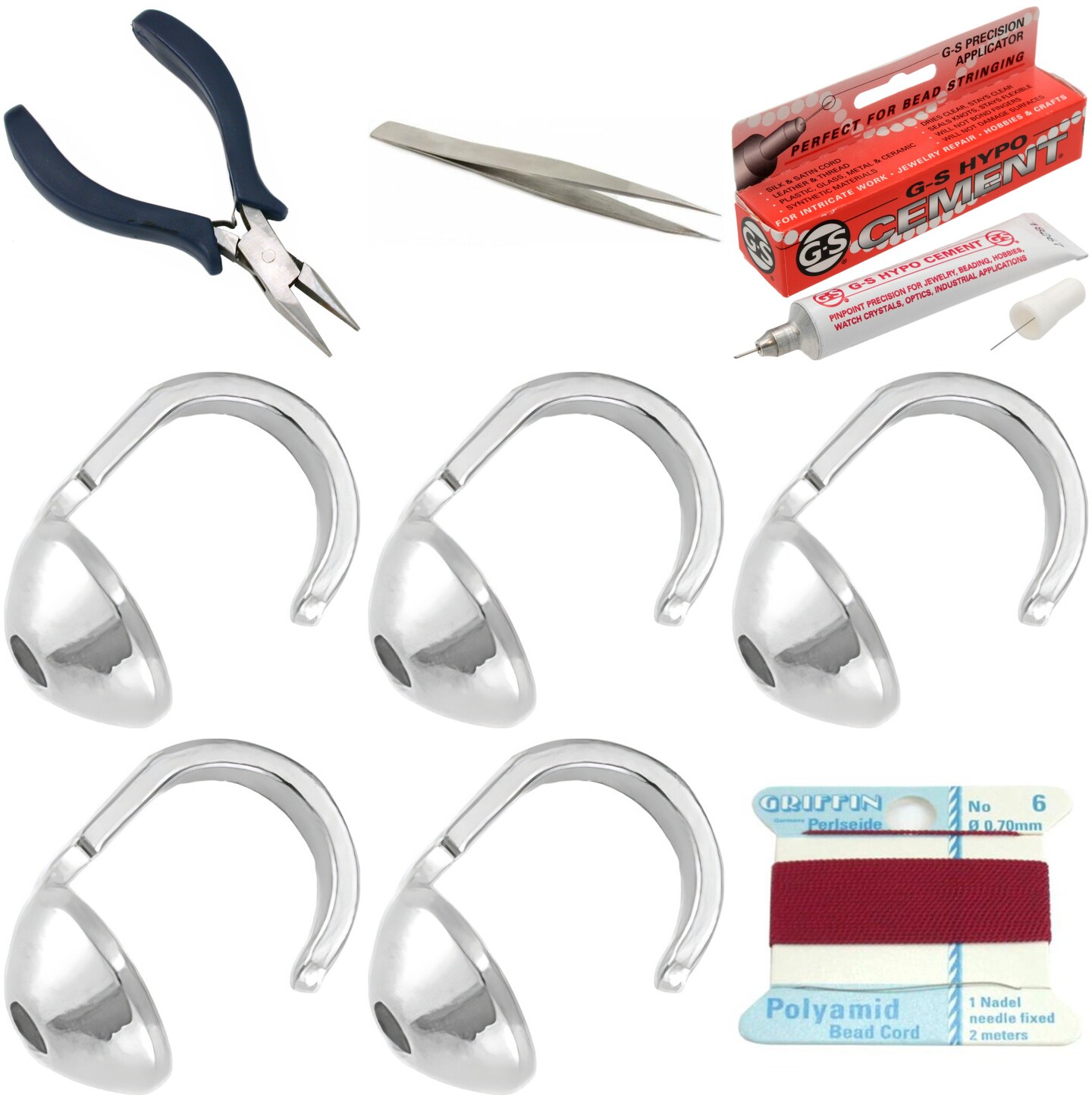 Bead Tip Kit - Pliers, Tweezers, Cement, 5 Bead Tips &#x26; Garnet Bead Cord #6