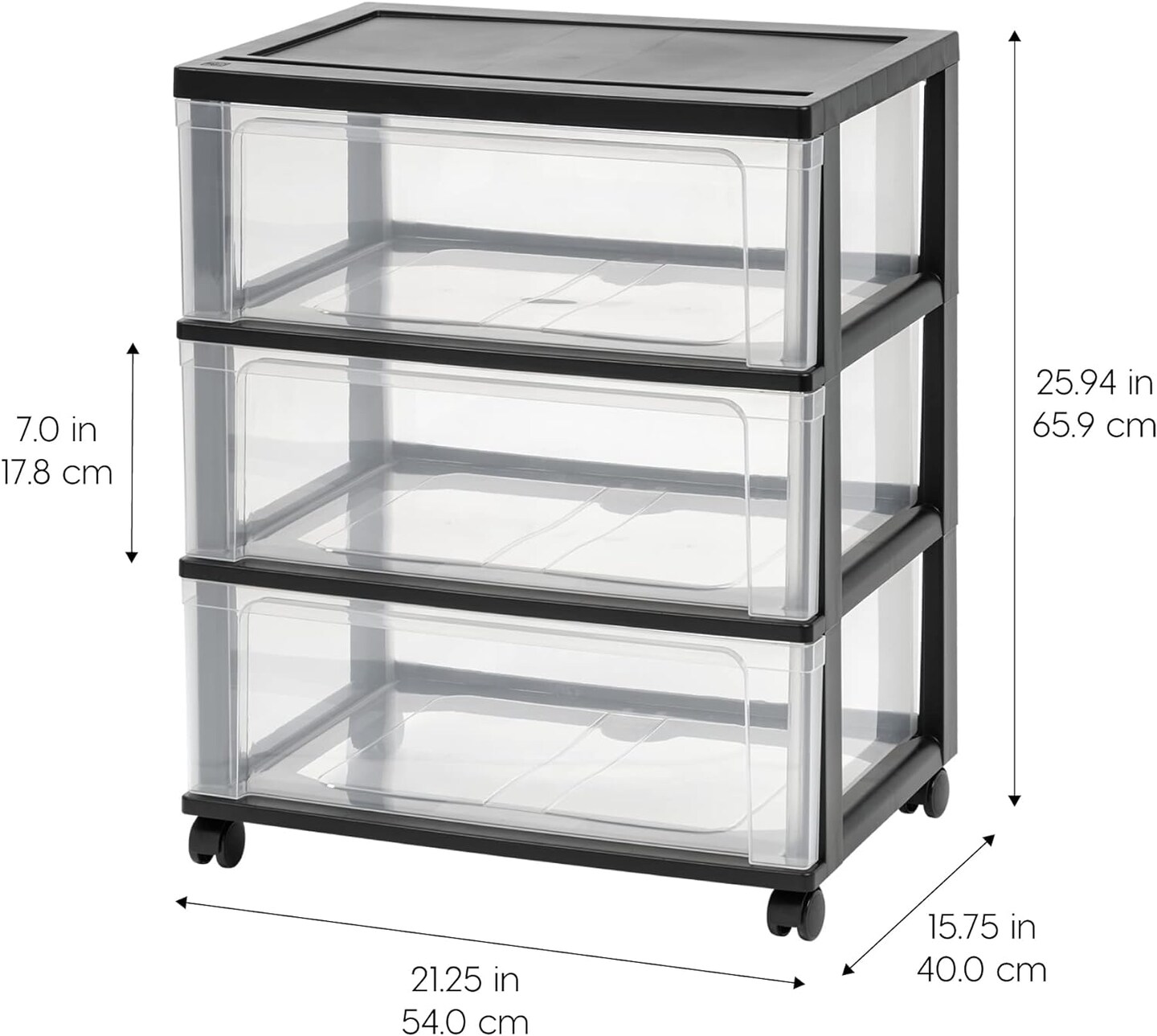 USA 3 Drawer Wide Storage Drawer Cart with Caster Wheels, Plastic Rolling Dresser for Home Closet Bedroom Bathroom Office Laundry Kitchen Craft Room Nursery and School Dorm, Black/Clear