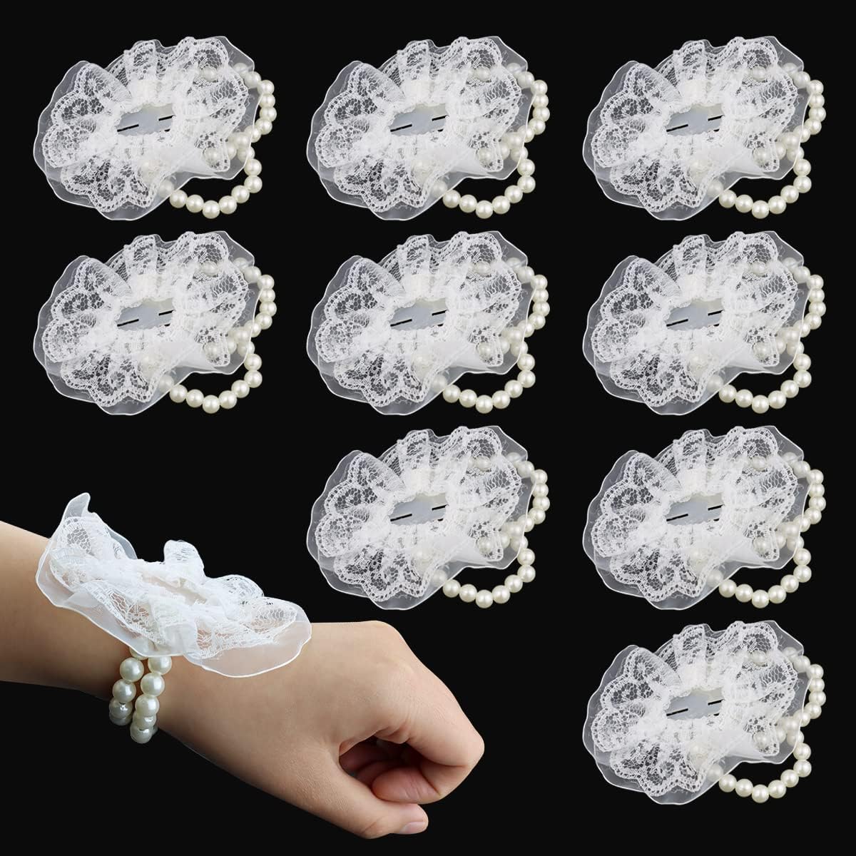 Pack of 10 Elastic Pearl Wrist Corsage Bands Wristlets DIY Wrist Corsages Accessories for Bride Flowers Prom Beach Party Supplies (White Lace)