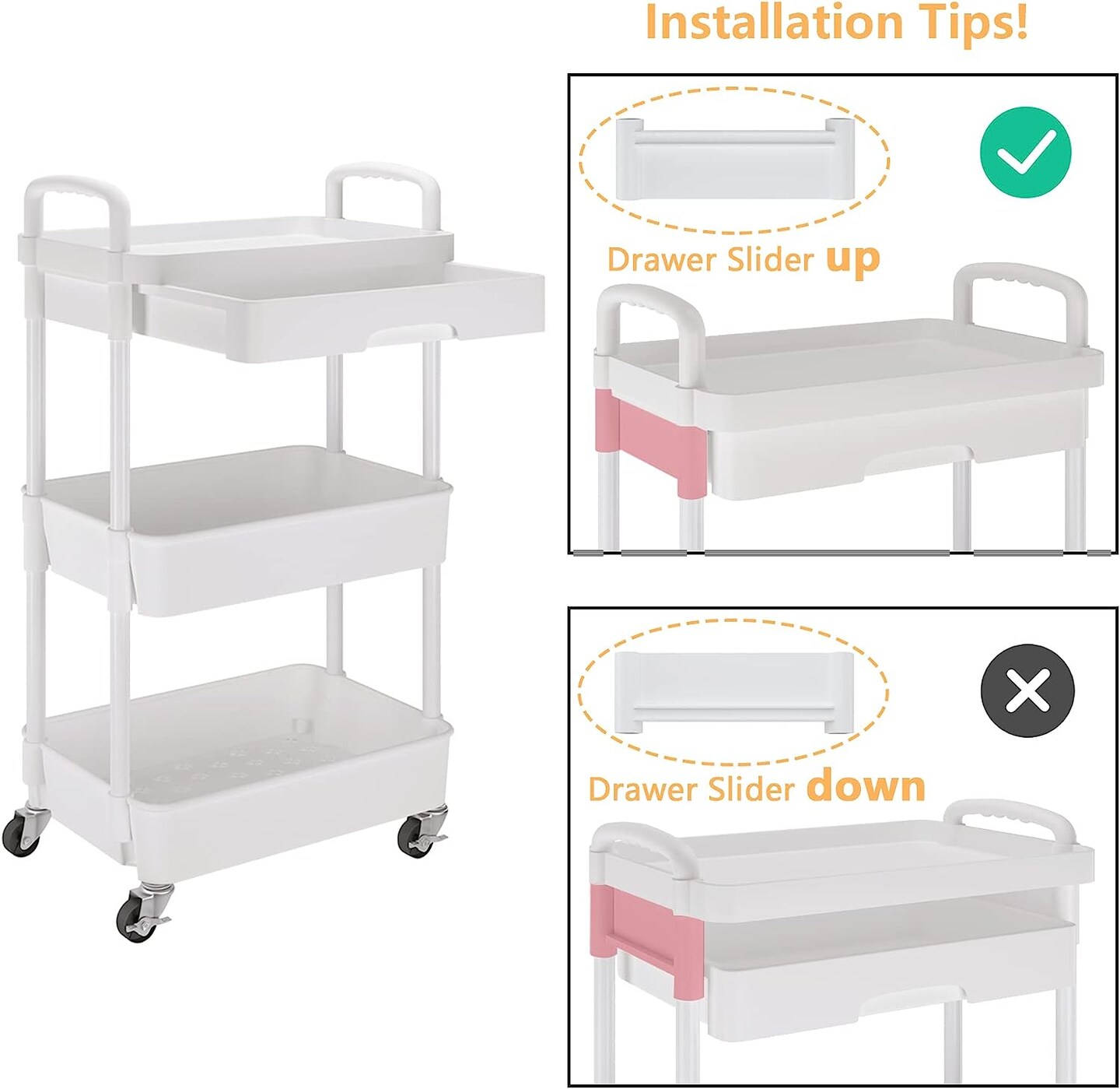 3-Tier Rolling Utility Cart with Drawer,Multifunctional Storage Organizer with Plastic Shelf &#x26; Metal Wheels,Storage Cart for Kitchen,Bathroom,Living Room,Office,White