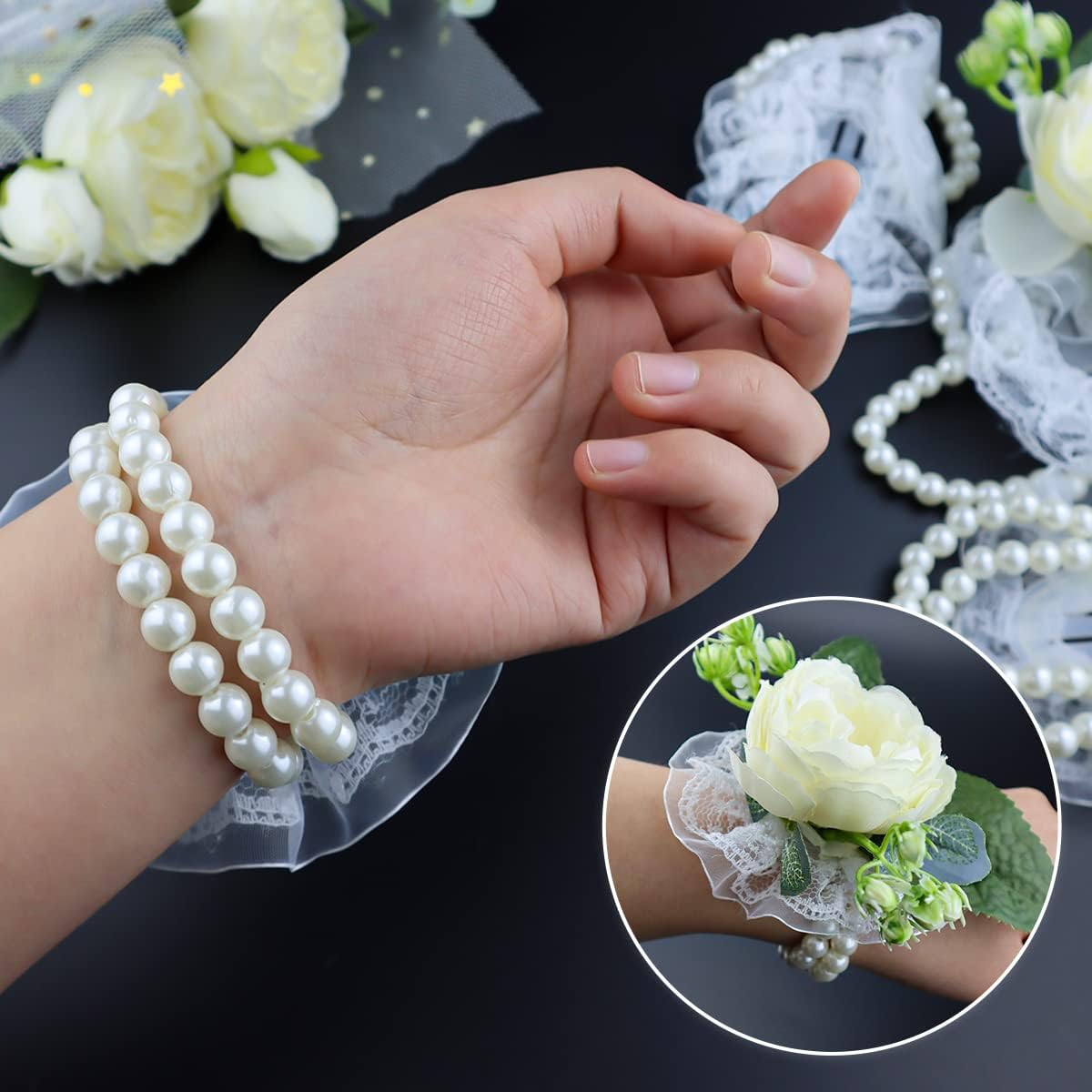 Pack of 10 Elastic Pearl Wrist Corsage Bands Wristlets DIY Wrist Corsages Accessories for Bride Flowers Prom Beach Party Supplies (White Lace)