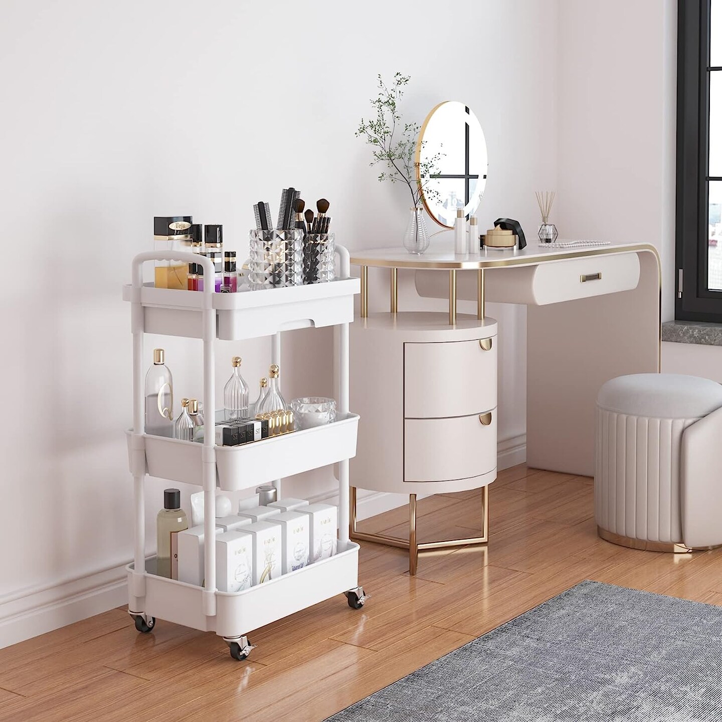 3-Tier Rolling Utility Cart with Drawer,Multifunctional Storage Organizer with Plastic Shelf &#x26; Metal Wheels,Storage Cart for Kitchen,Bathroom,Living Room,Office,White