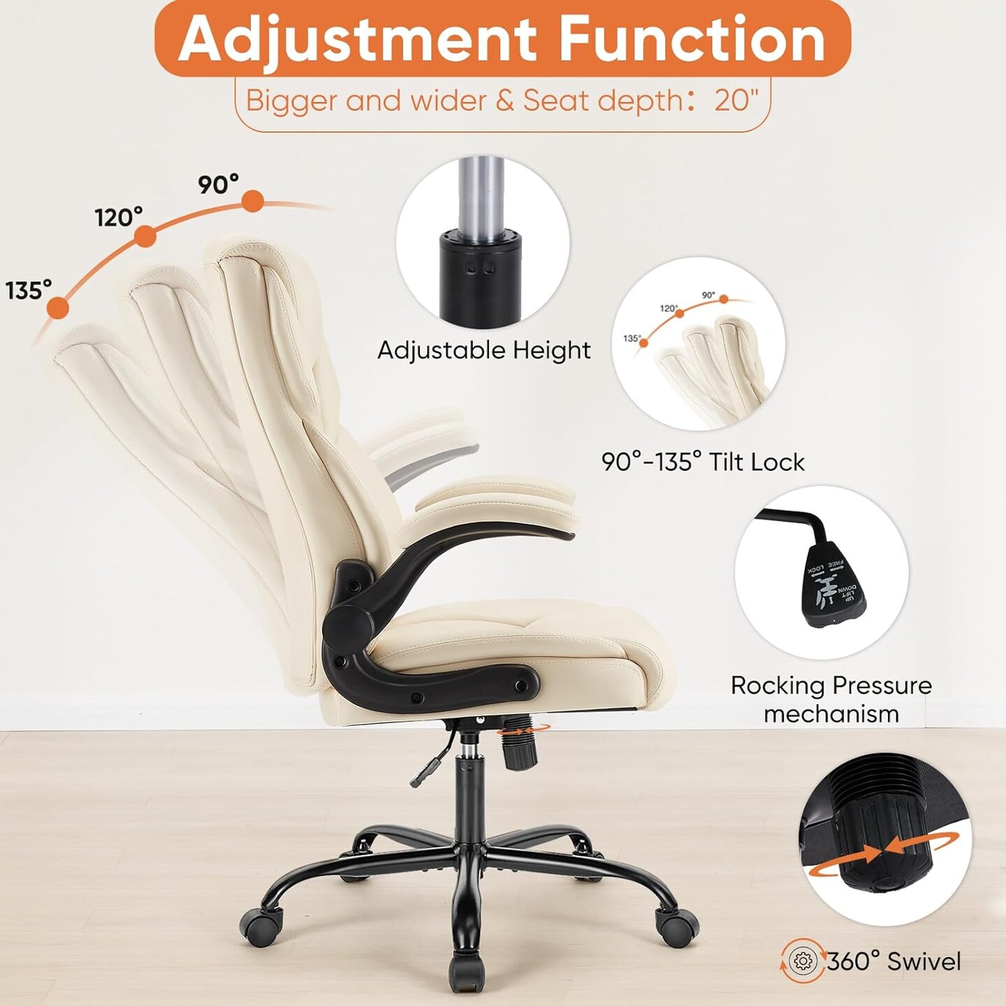 Computer Gaming Chair, Ergonomic Office Chair High Back Heavy Duty Task Desk Chair with Flip-up Arms, PU Leather, Adjustable Swivel Rolling Chair with Wheels, Cream