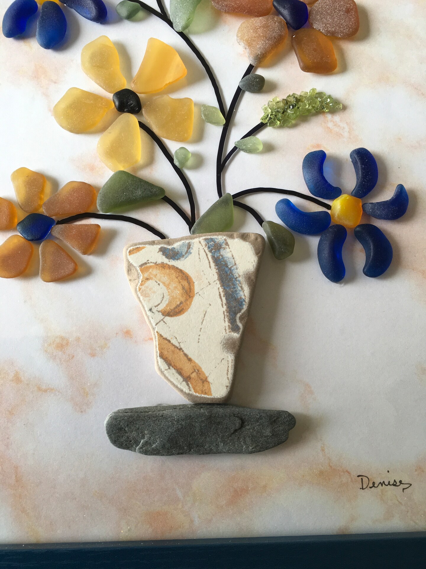 SEAGLASS FLOWER ART 31, Floral, Sicilian Sea Pottery, Navy