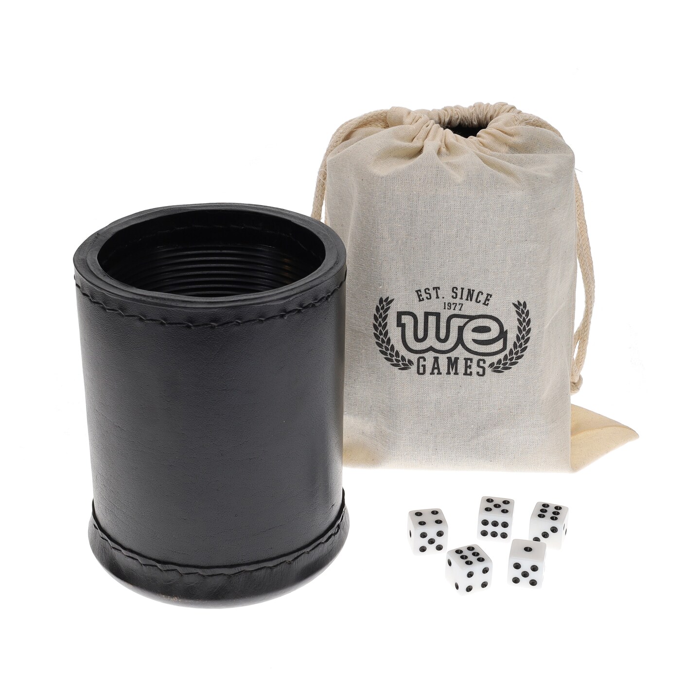 WE Games Professional, Leather Dice Cup Set - 5 Dice, Instructions for 10 Dice Games &#x26; Cloth Carry Bag