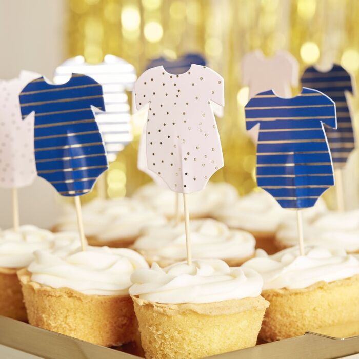 Navy &#x26; Pink Baby Onesie Cupcake Toppers for Gender Reveal or Baby Shower Party Decor