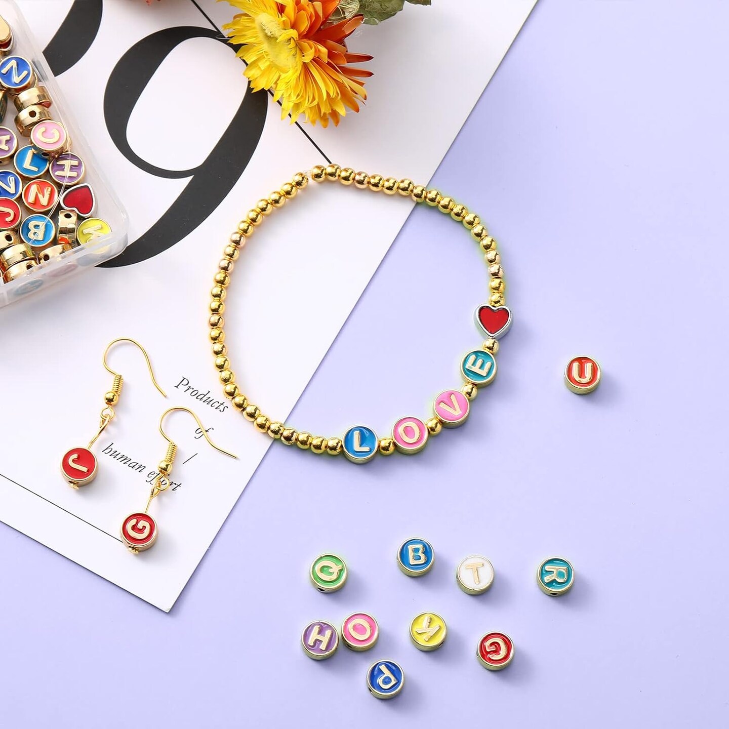 114 Pcs Alloy Alphabet Letter Beads 8 mm Flat Round with Letter A-Z Beads Plated Metal Initial Letter Loose Spacer Beads for DIY Bracelet Necklace Earring Jewelry Craft Making (Bright Colors)