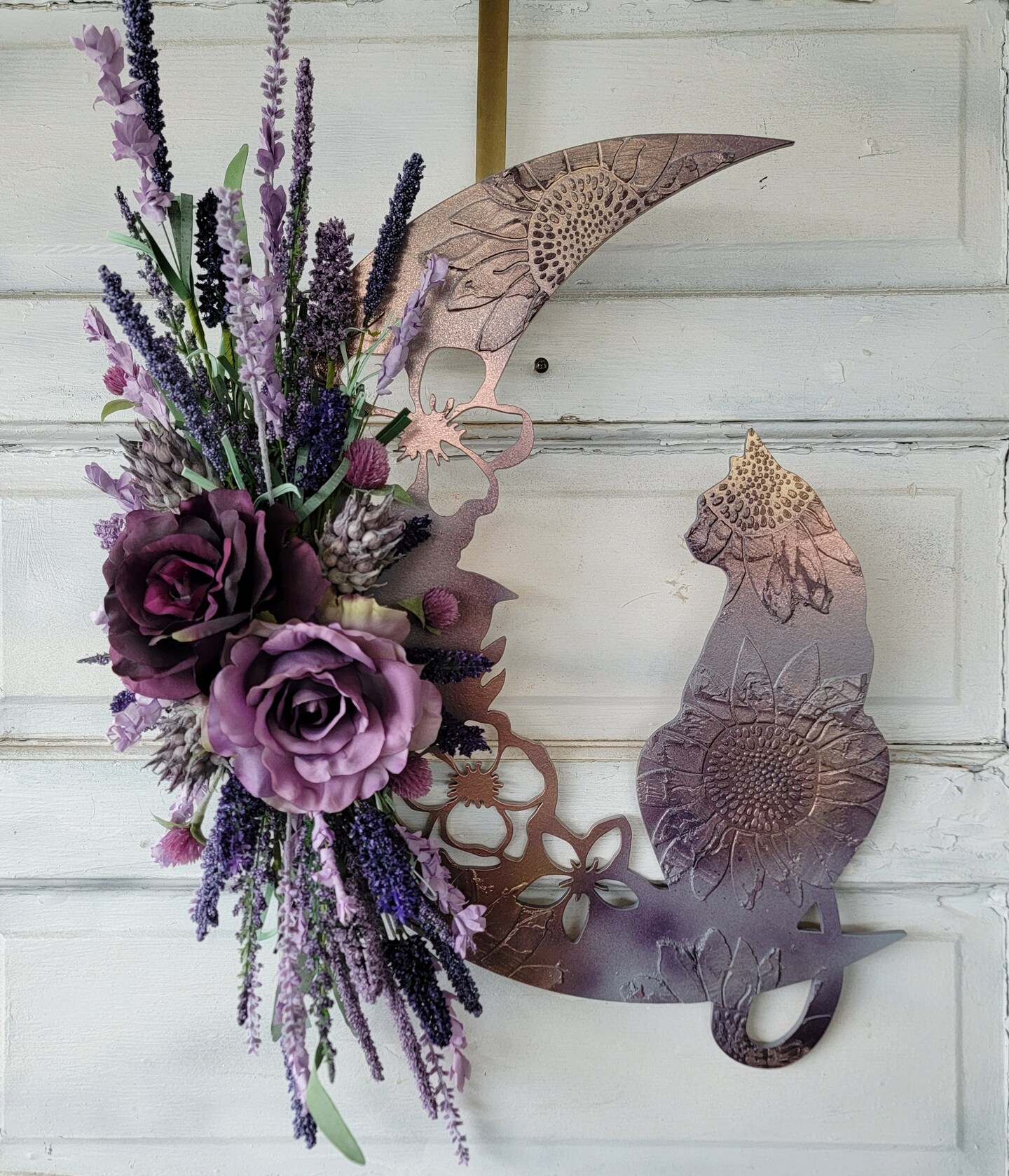 Cat Moon Wreath Witchy Christmas Crescent Moon buy w/ Crystal 18'' Grapevine • Purple Gothic Celestial Door Hanger • Holiday Kitty Lunar Decor