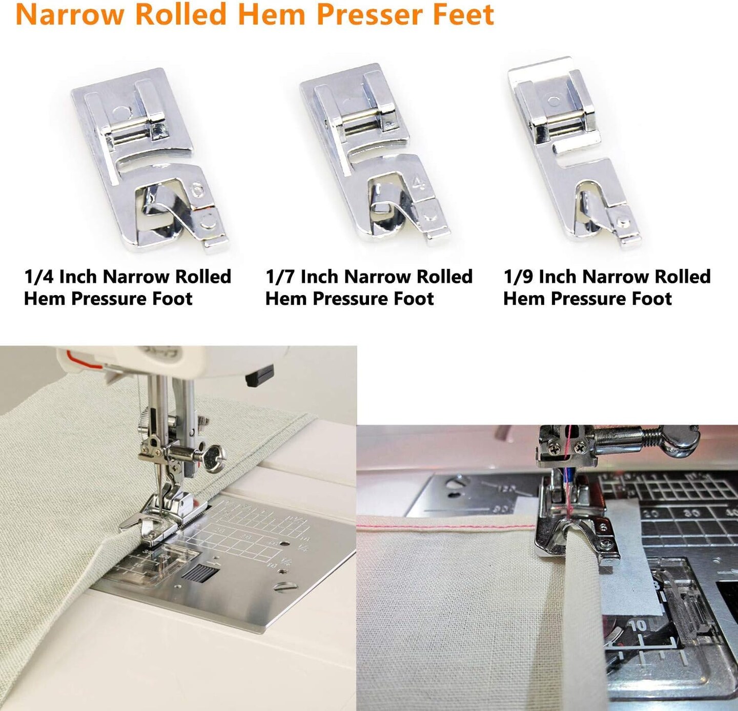 Sewing Machine Presser Feet 3Pcs Rolled Hem Pressure Foot,3Pcs Narrow Rolled Hem Hemmer Presser Feet & Adjustable Guide Presser Foot, Bias Binder Foot Compatible with Singer,Brother,Juki,etc
