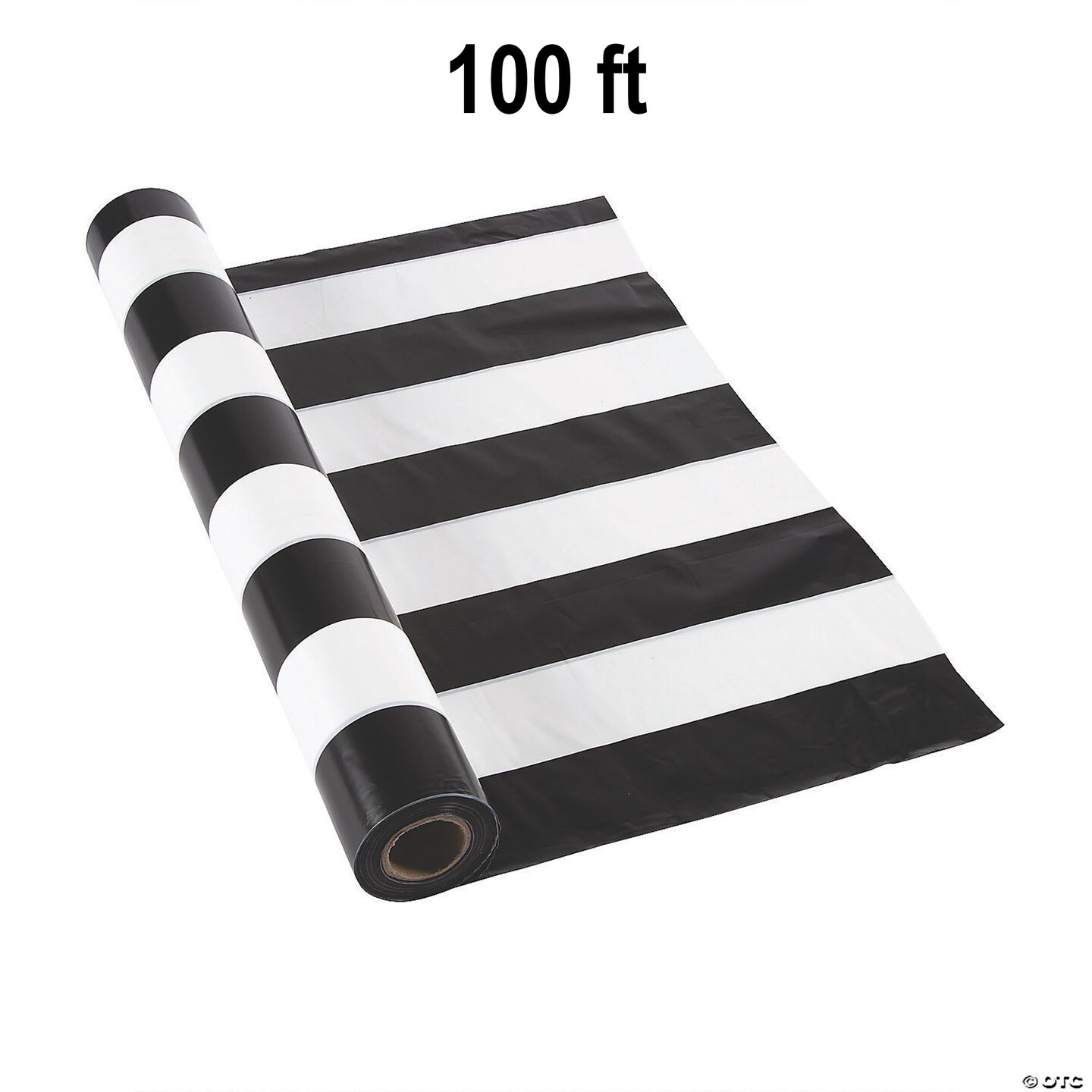 40&#x22; x 100 ft. Black &#x26; White Striped Disposable Plastic Tablecloth Roll