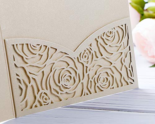 Rodvanvo 20 Pcs Laser Cut Wedding Invitations Card Pocket with Envelope for Birthday Party Baby or Bride Shower Invite suitable for 5 * 7 Inches Insert Paper (Champagne)