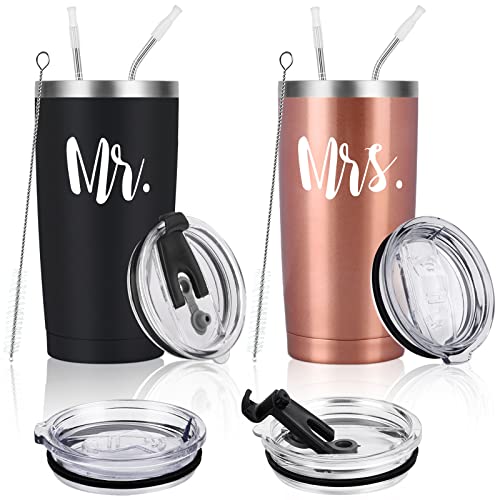 Mr and Mrs Tumbler Set of 2, Gifts for Newlyweds Couples Wife Bride To Be Newly Engaged Bridal Shower Wedding Engagement, 20 oz Stainless Steel Insulated Travel with Lids, Black & Rose Gold