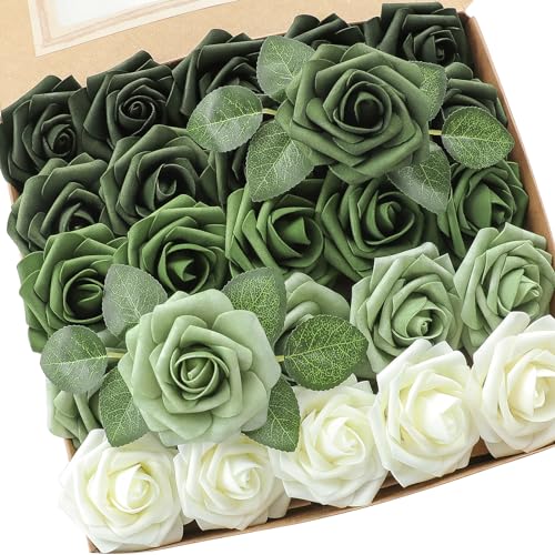 Floroom Artificial Flowers 25pcs Real Looking Forest Green Ombre Colors Foam Fake Roses with Stems for DIY Wedding Bouquets Bridal Shower Floral Centerpieces Party Tables Home Decorations