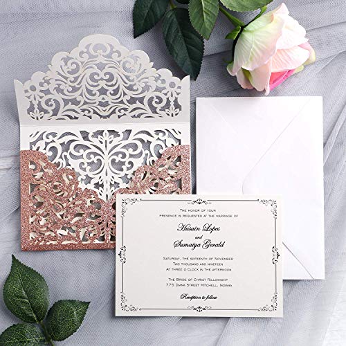 YIMIL 20 Pcs Laser Cut Wedding Invitation Card with Envelope for Wedding Quinceanera Bridal Shower Baby Shower Party Invite (Rose Gold Glitter)