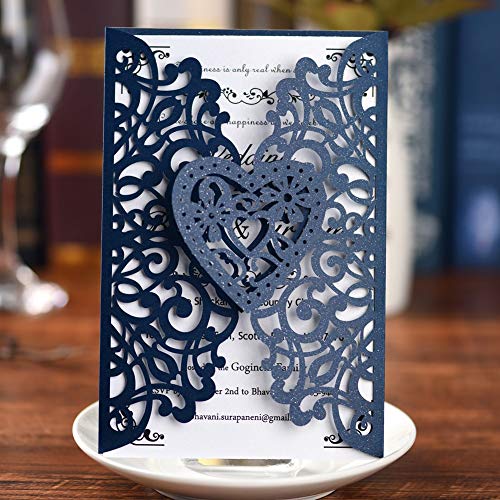 FOMTOR Laser Cut Wedding Invitations Kit 50 Packs Laser Cut Wedding Invitations with Blank Printable Paper and Envelopes for Wedding,Birthday Parties,Baby Shower (Navy Blue)