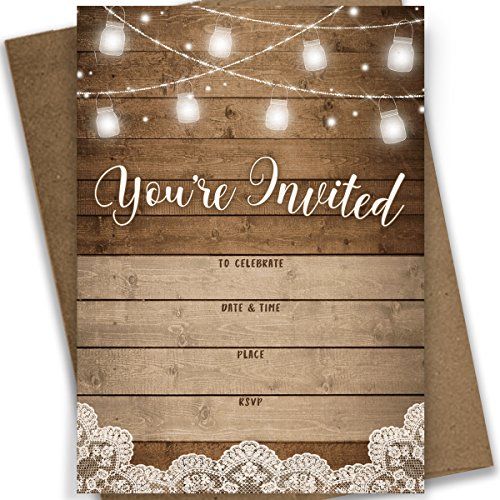 Printed Party Fill-in Invitations and Envelopes, Rustic, Set of 25
